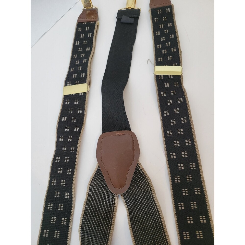 Men's Black Clip-On Suspenders Adjustable Elastic Brown‎ Leather Accents - Picture 2 of 2